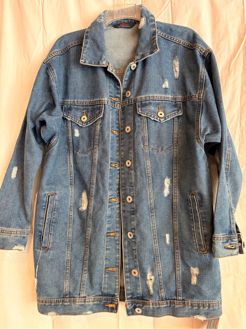 Excuse Women's Distressed Long Denim Jacket - Blue